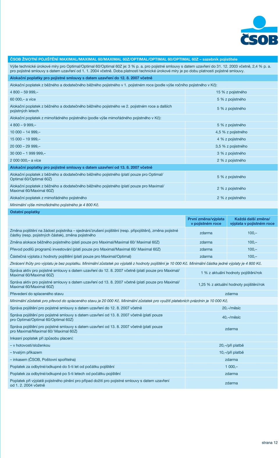 Doba platnosti technické úrokové míry je po dobu platnosti pojistné smlouvy. Alokační poplatky pro pojistné smlouvy s datem uzavření do 12. 8.