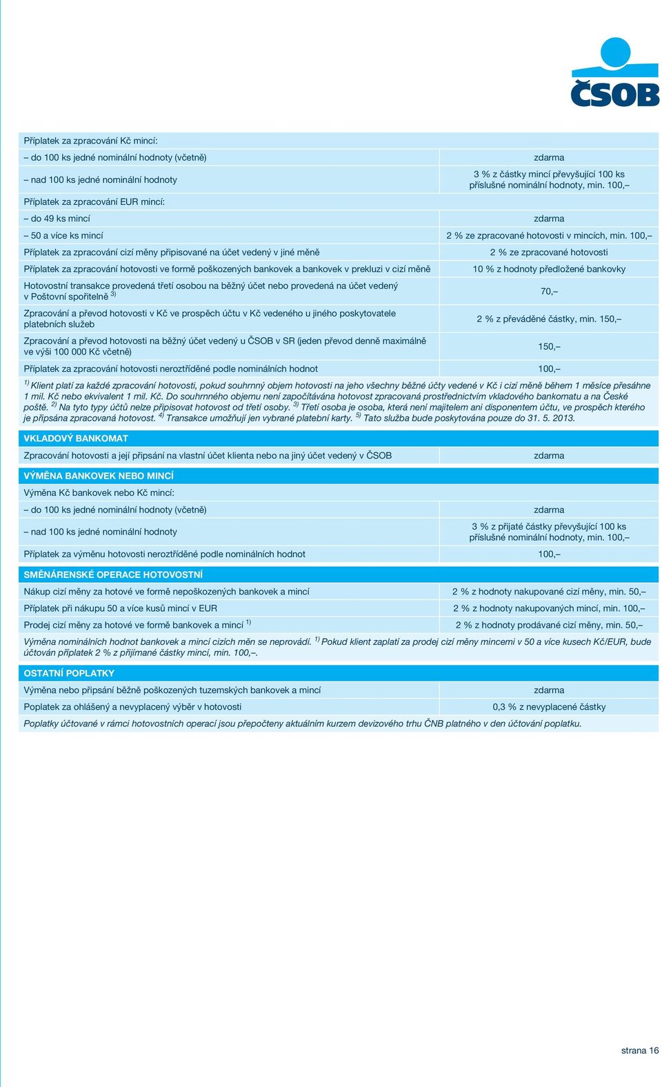 100, Příplatek za zpracování cizí měny připisované na účet vedený v jiné měně Příplatek za zpracování hotovosti ve formě poškozených bankovek a bankovek v prekluzi v cizí měně 2 % ze zpracované