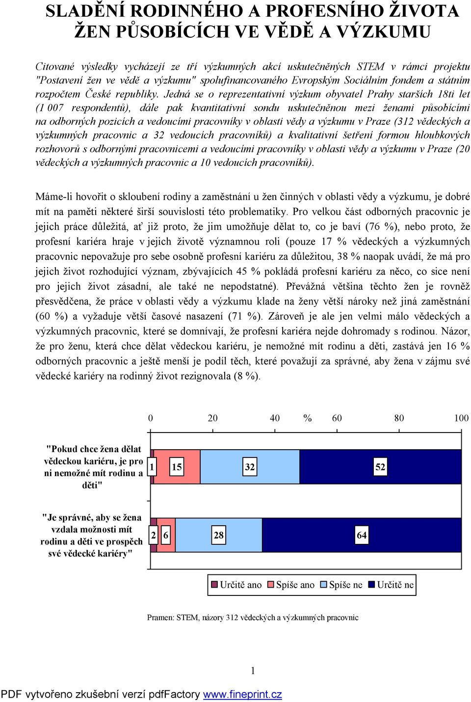 Jedná se o reprezentativní výzkum obyvatel Prahy starších 18ti let (1 007 respondentů), dále pak kvantitativní sondu uskutečněnou mezi ženami působícími na odborných pozicích a vedoucími pracovníky v