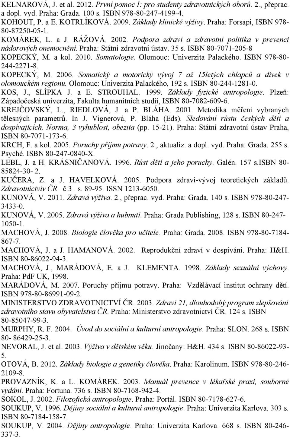 35 s. ISBN 80-7071-205-8 KOPECKÝ, M. a kol. 2010. Somatologie. Olomouc: Univerzita Palackého. ISBN 978-80- 244-2271-8. KOPECKÝ, M. 2006.