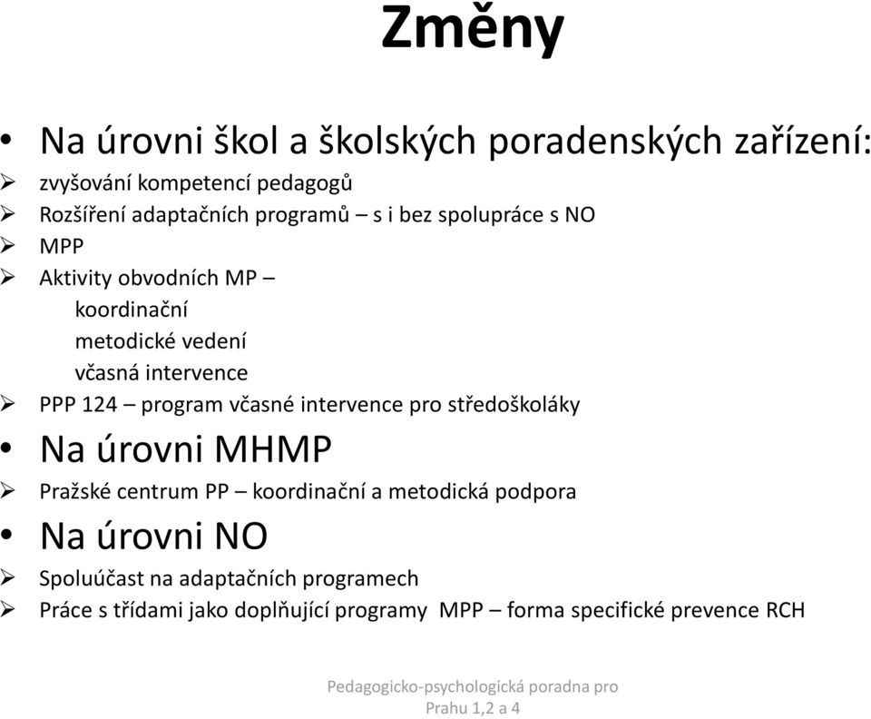 program včasné intervence pro středoškoláky Na úrovni MHMP Pražské centrum PP koordinační a metodická podpora Na