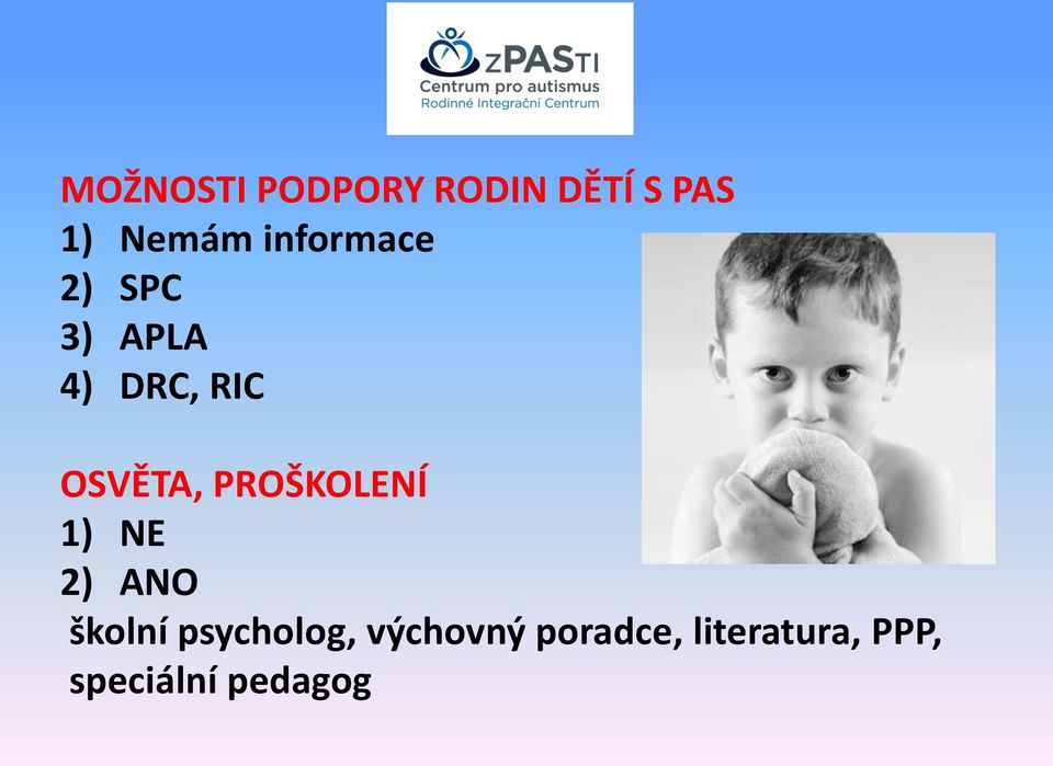 PROŠKOLENÍ 1) NE 2) ANO školní psycholog,