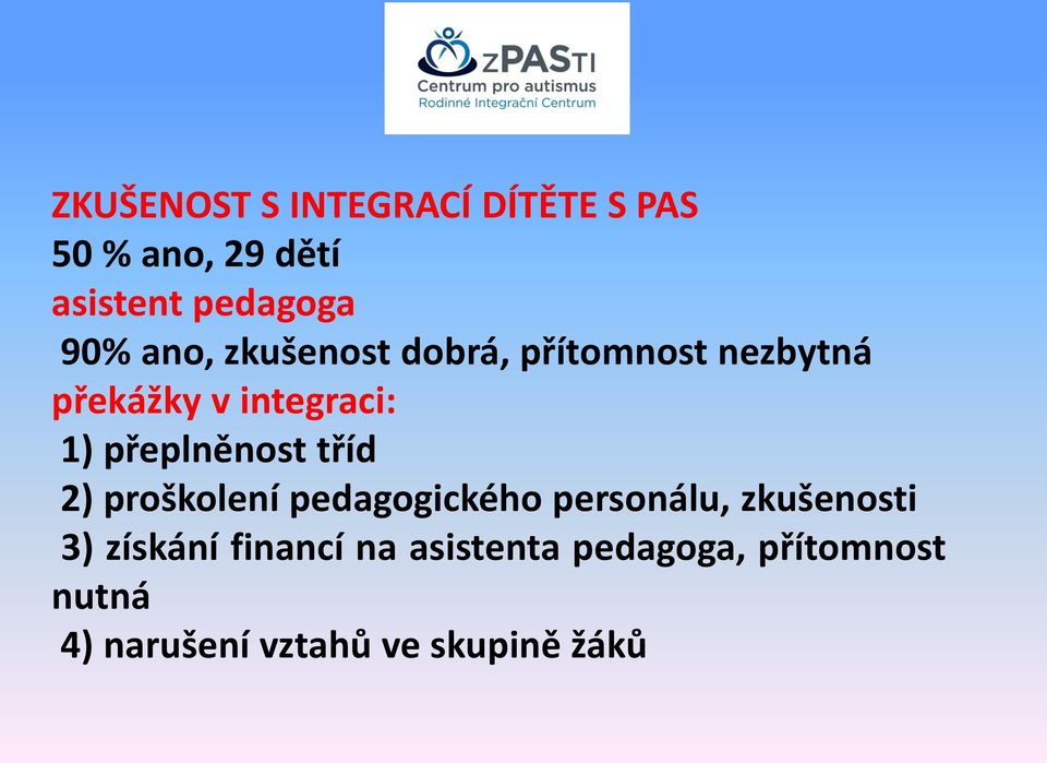 přeplněnost tříd 2) proškolení pedagogického personálu, zkušenosti 3)