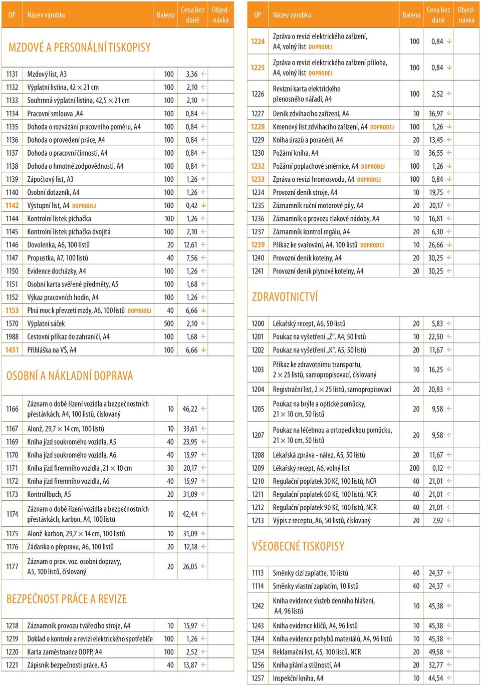 činnosti, A4 100 0,84 1138 Dohoda o hmotné zodpovědnosti, A4 100 0,84 1139 Zápočtový list, A3 100 1,26 1140 Osobní dotazník, A4 100 1,26 1142 Výstupní list, A4 DOPRODEJ 100 0,42 1144 Kontrolní lístek