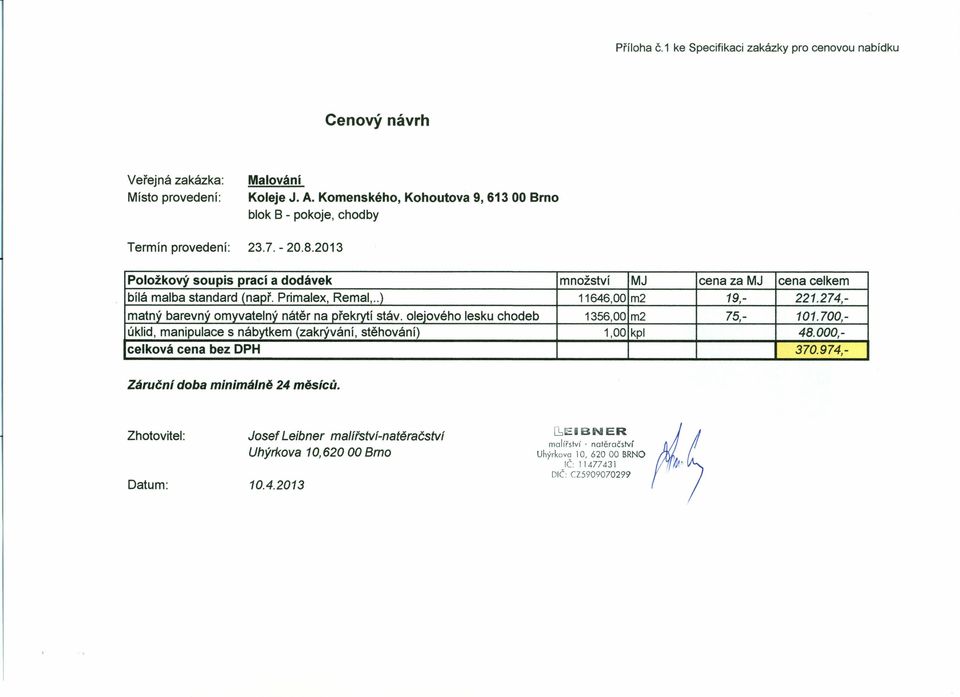 .) 11646,00 m2 19,- 221.274,- matný barevný omyvatelný nátěr na překrytí stáv. olejového lesku chodeb 1356,00 m2 75,- 101.