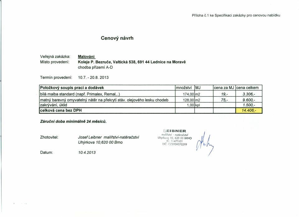 Primalex, Remal,..) 174,00 m2 19,- 3.306,- matný barevný omyvatelný nátěr na překrytí stáv. olejového lesku chodeb 128,00 m2 75,- 9.