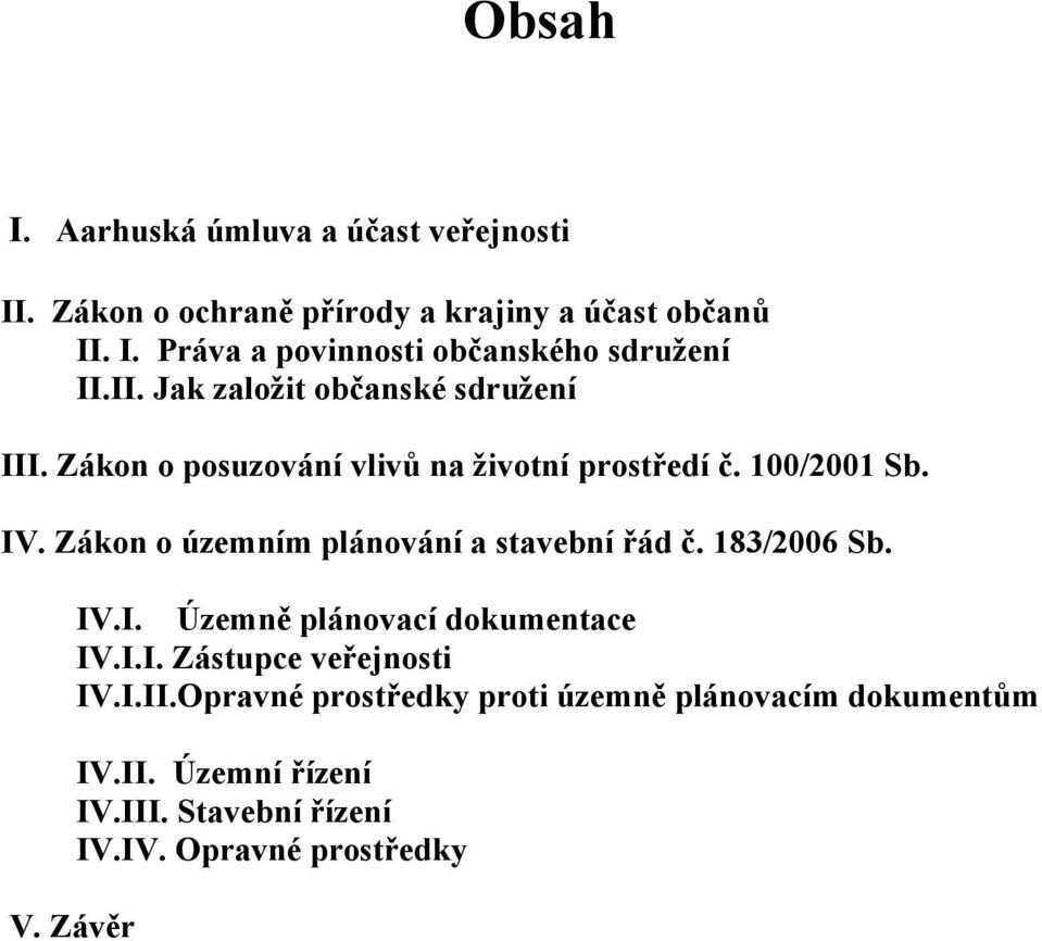 Zákon o územním plánování a stavební řád č. 183/2006 Sb. IV.I. Územně plánovací dokumentace IV.I.I. Zástupce veřejnosti IV.I.II.