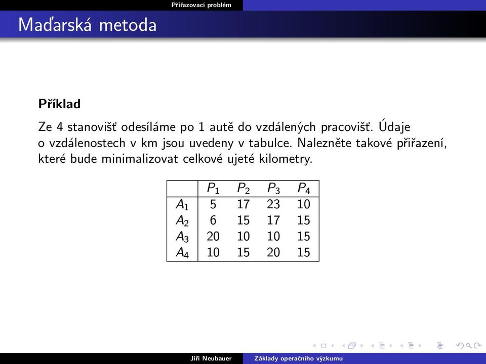 Nalezněte takové přiřazení, které bude minimalizovat celkové ujeté