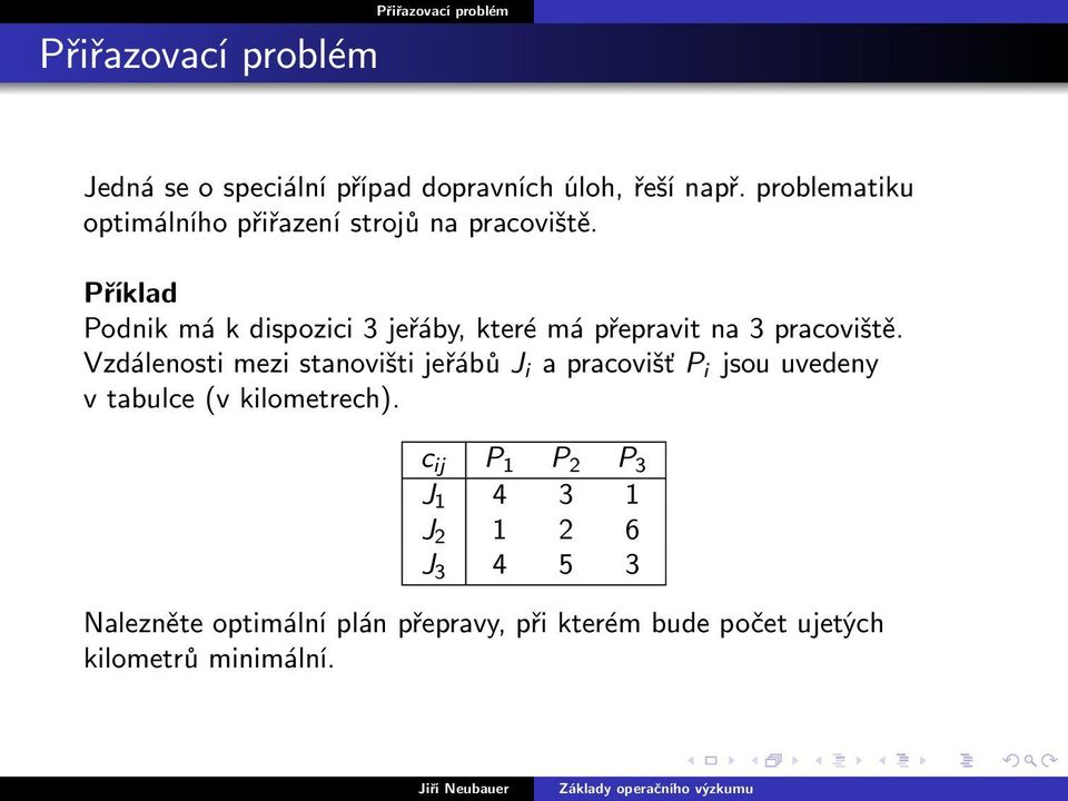 Příklad Podnik má k dispozici 3 jeřáby, které má přepravit na 3 pracoviště.