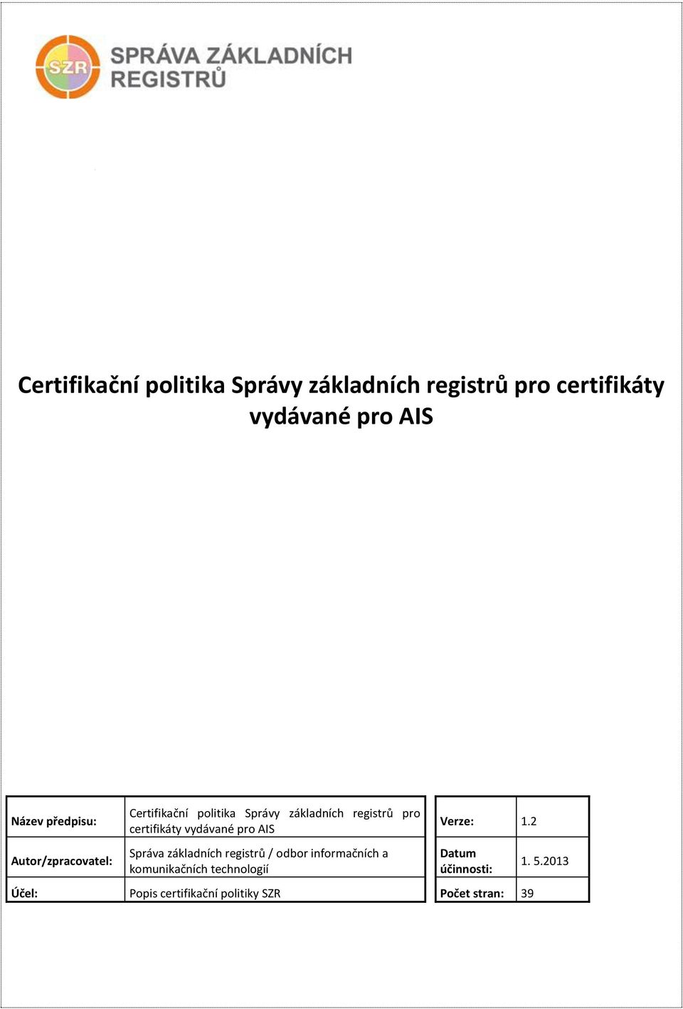 certifikáty vydávané pro AIS Správa základních registrů / odbor informačních a