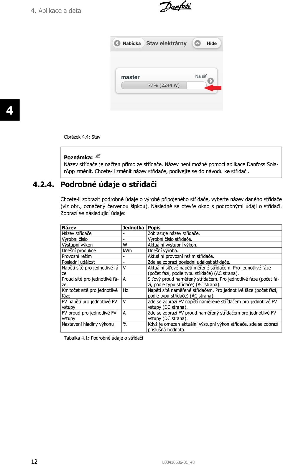 2.4. Podrobné údaje o střídači Chcete-li zobrazit podrobné údaje o výrobě připojeného střídače, vyberte název daného střídače (viz obr., označený červenou šipkou).