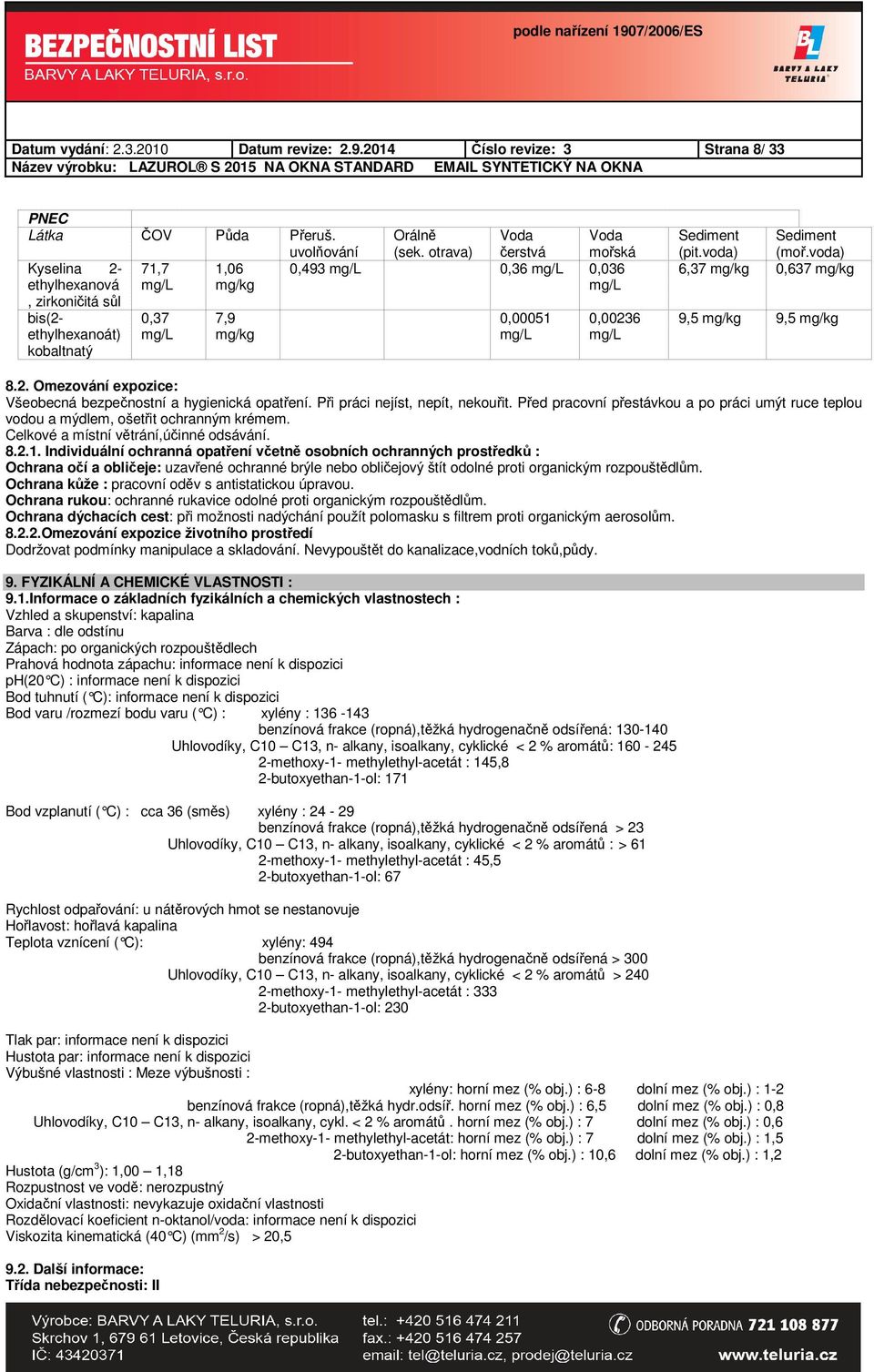 otrava) Voda čerstvá 0,493 mg/l 0,36 mg/l 0,036 mg/l 0,00051 mg/l Voda mořská 0,00236 mg/l Sediment (pit.voda) Sediment (moř.voda) 6,37 mg/kg 0,637 mg/kg 9,5 mg/kg 9,5 mg/kg 8.2. Omezování expozice: Všeobecná bezpečnostní a hygienická opatření.