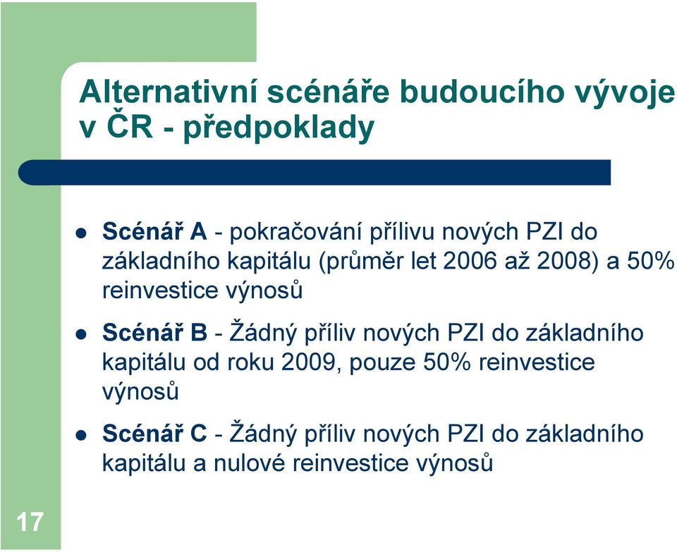 Scénář B - Žádný příliv nových PZI do základního kapitálu od roku 2009, pouze 50%