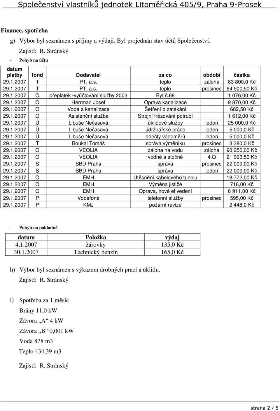 1.2007 O Asistenční služba Strojní frézování potrubí 1 612,00 Kč 29.1.2007 Ú Libuše Nečasová úklidové služby leden 25 000,0 Kč 29.1.2007 Ú Libuše Nečasová údržbářské práce leden 5 000,0 Kč 29.1.2007 Ú Libuše Nečasová odečty vodoměrů leden 5 000,0 Kč 29.