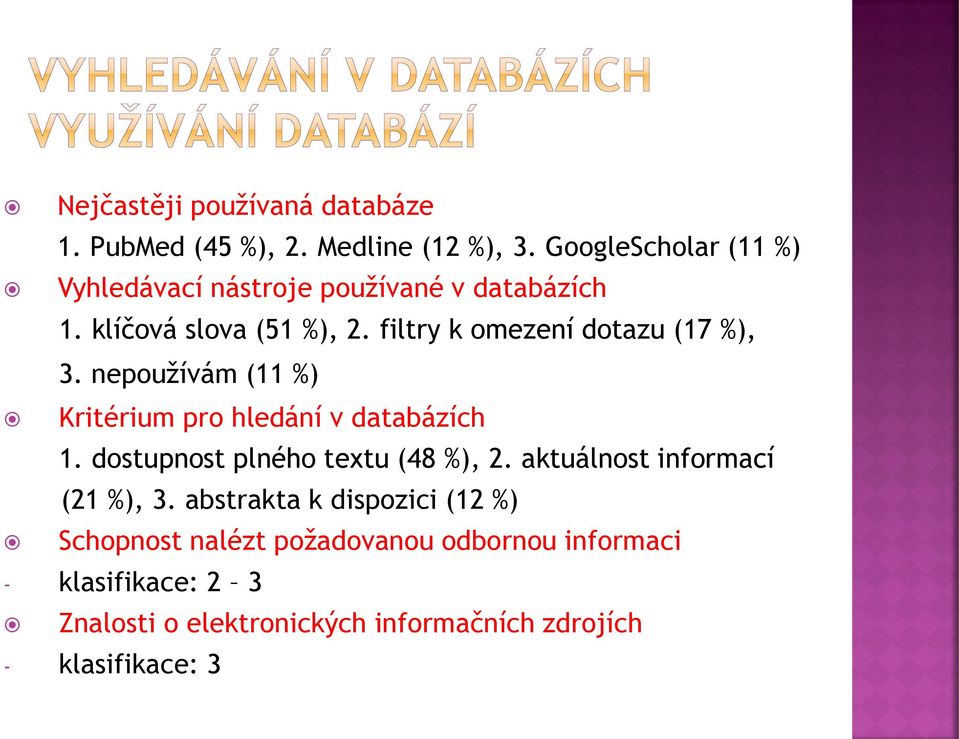 filtry k omezení dotazu (17 %), 3. nepoužívám (11 %) Kritérium pro hledání v databázích 1.