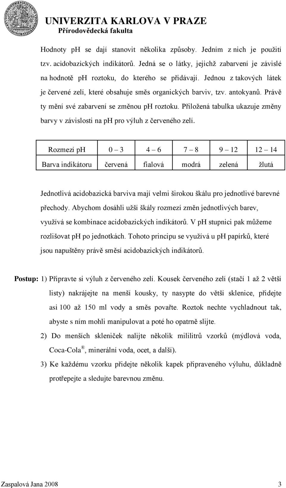 Přiložená tabulka ukazuje změny barvy v závislosti na ph pro výluh z červeného zelí.