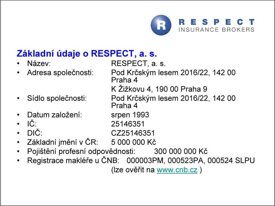 Adresa společnosti: Pod Krčským lesem 2016/22, 142 00 Praha 4 K Žižkovu 4, 190 00 Praha 9 Sídlo