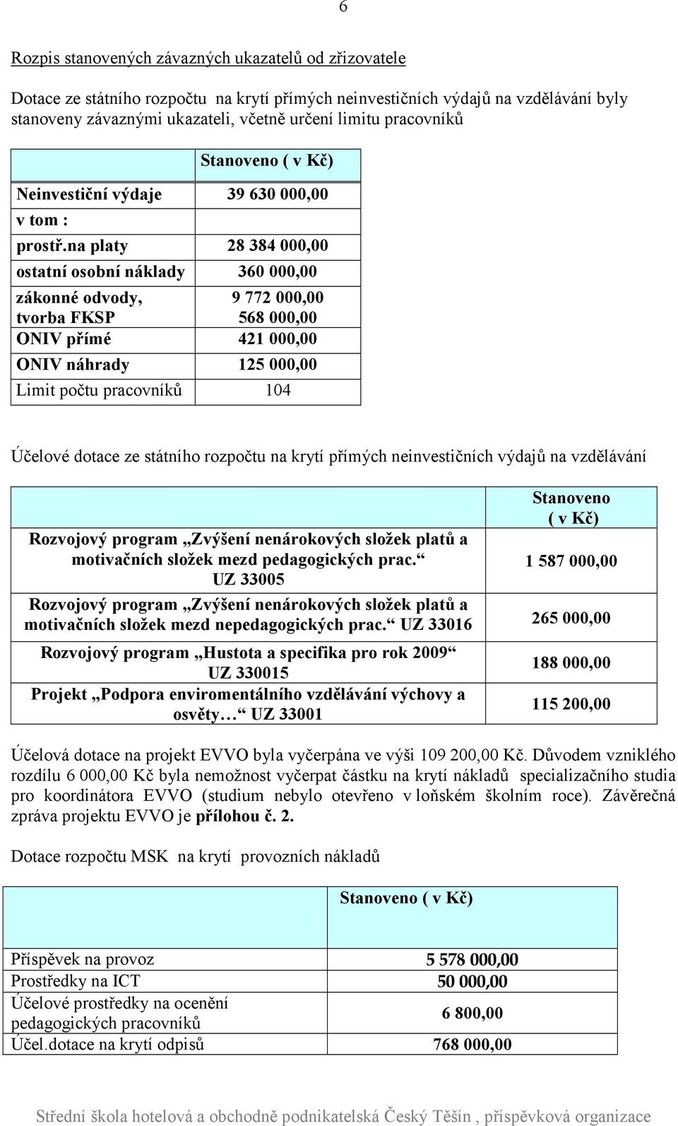 na platy 28 384 000,00 ostatní osobní náklady 360 000,00 zákonné odvody, 9 772 000,00 tvorba FKSP 568 000,00 ONIV přímé 421 000,00 ONIV náhrady 125 000,00 Limit počtu pracovníků 104 Účelové dotace ze