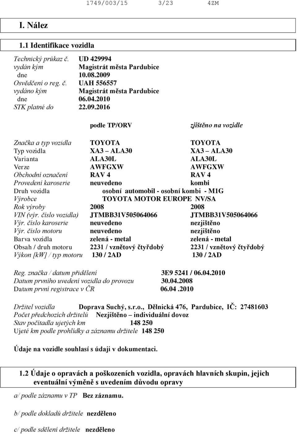 2016 podle TP/ORV zjištěno na vozidle Značka a typ vozidla TOYOTA TOYOTA Typ vozidla XA3 ALA30 XA3 ALA30 Varianta ALA30L ALA30L Verze AWFGXW AWFGXW Obchodní označení RAV 4 RAV 4 Provedení karoserie