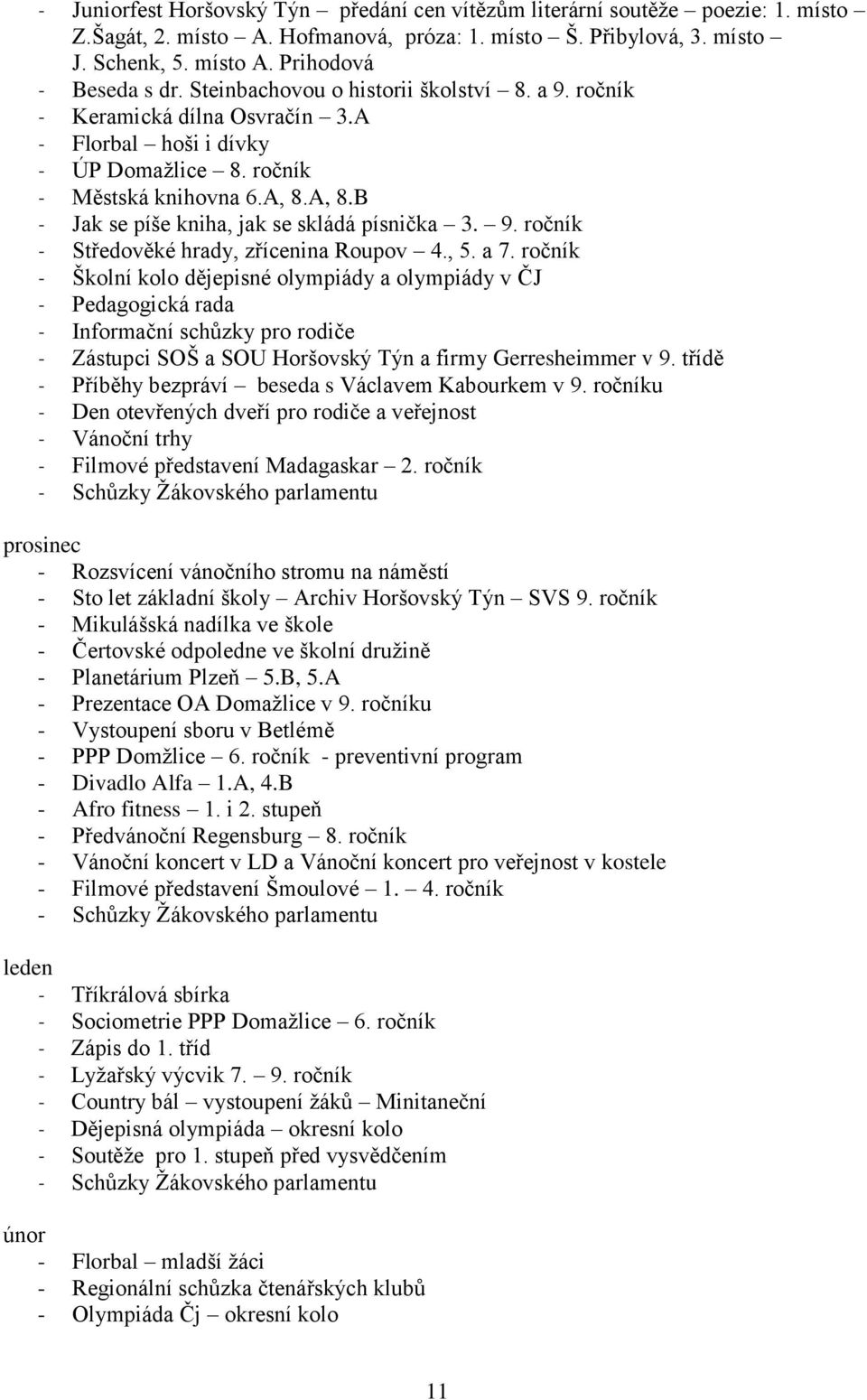 , 5. a 7. ročník Školní kolo dějepisné olympiády a olympiády v ČJ Pedagogická rada Informační schůzky pro rodiče Zástupci SOŠ a SOU Horšovský Týn a firmy Gerresheimmer v 9.