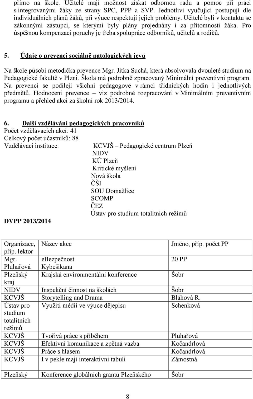 Učitelé byli v kontaktu se zákonnými zástupci, se kterými byly plány projednány i za přítomnosti žáka. Pro úspěšnou kompenzaci poruchy je třeba spolupráce odborníků, učitelů a rodičů. 5.