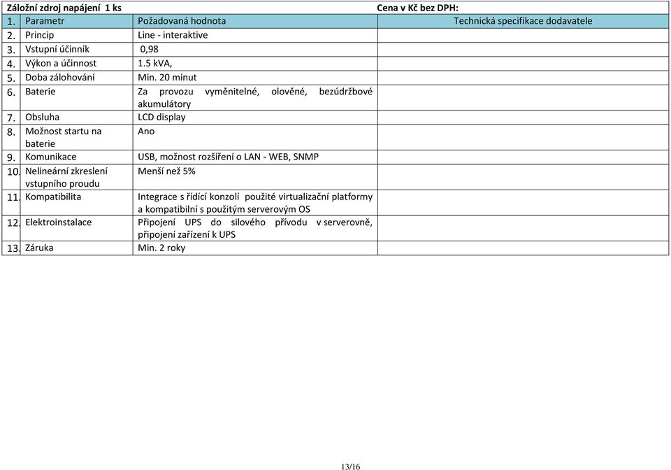 Možnost startu na Ano baterie 9. Komunikace USB, možnost rozšíření o LAN - WEB, SNMP 10. Nelineární zkreslení Menší než 5% vstupního proudu 11.