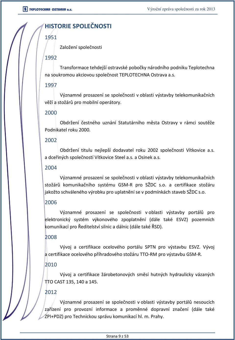 s. a Osinek a.s. 2004 Významné prosazení se společnosti v oblasti výstavby telekomunikačních stožárů komunikačního systému GSM-R pro SŽDC s.o. a certifikace stožáru jakožto schváleného výrobku pro uplatnění se v podmínkách staveb SŽDC s.