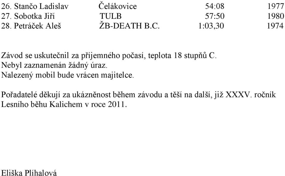 1:03,30 1974 Závod se uskutečnil za příjemného počasí, teplota 18 stupňů C.