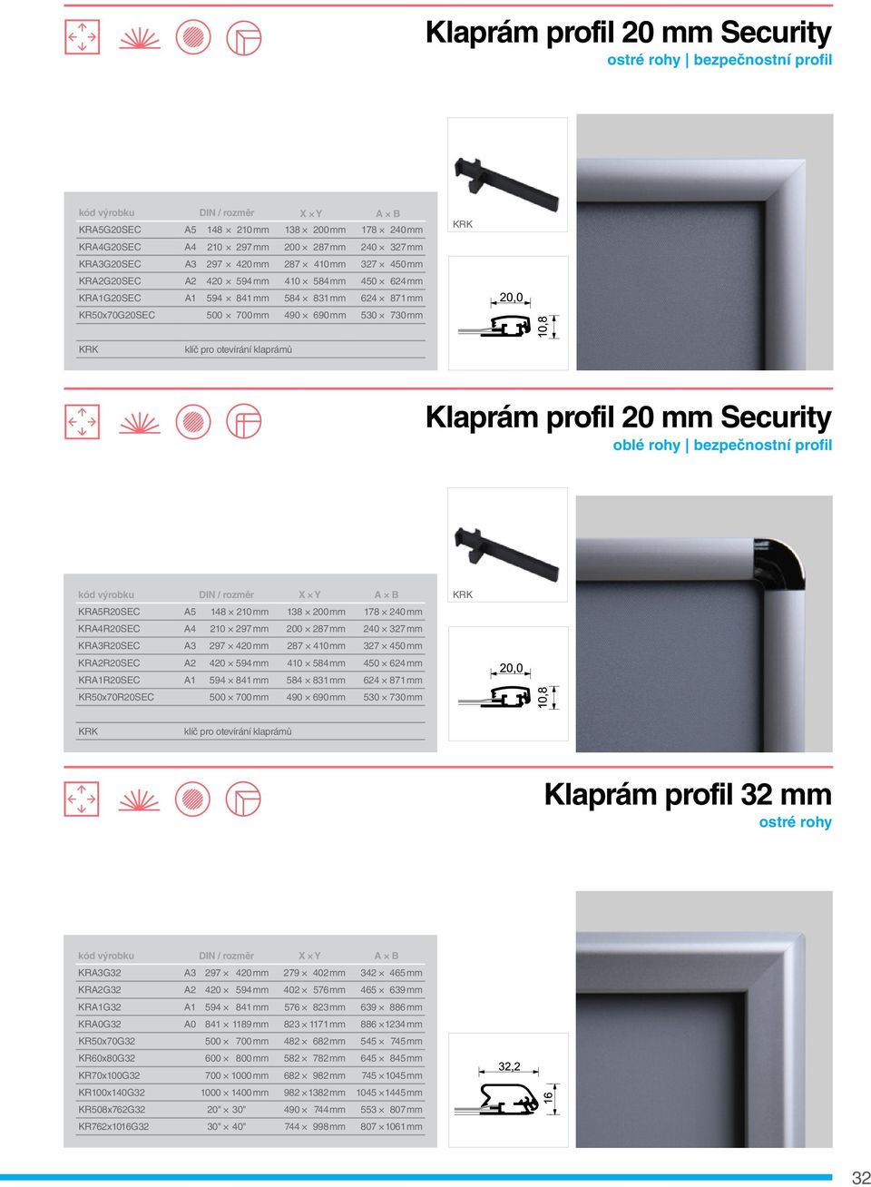 otevírání klaprámů Klaprám profil 20 mm Security oblé rohy bezpečnostní profil kód výrobku DIN / rozměr X Y A B KRA5R20SEC A5 148 210 mm 138 200 mm 178 240 mm KRA4R20SEC A4 210 297 mm 200 287 mm 240