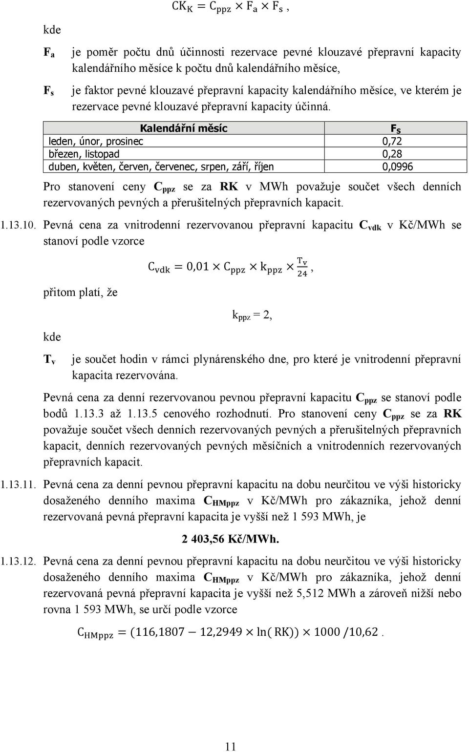 Kalendářní měsíc F S leden, únor, prosinec 0,72 březen, listopad 0,28 duben, květen, červen, červenec, srpen, září, říjen 0,0996 Pro stanovení ceny C ppz se za RK v MWh považuje součet všech denních