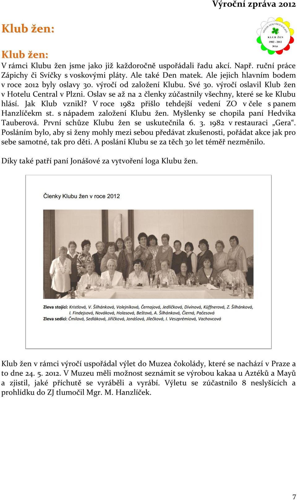 Oslav se až na 2 členky zúčastnily všechny, které se ke Klubu hlásí. Jak Klub vznikl? V roce 1982 přišlo tehdejší vedení ZO v čele s panem Hanzlíčekm st. s nápadem založení Klubu žen.