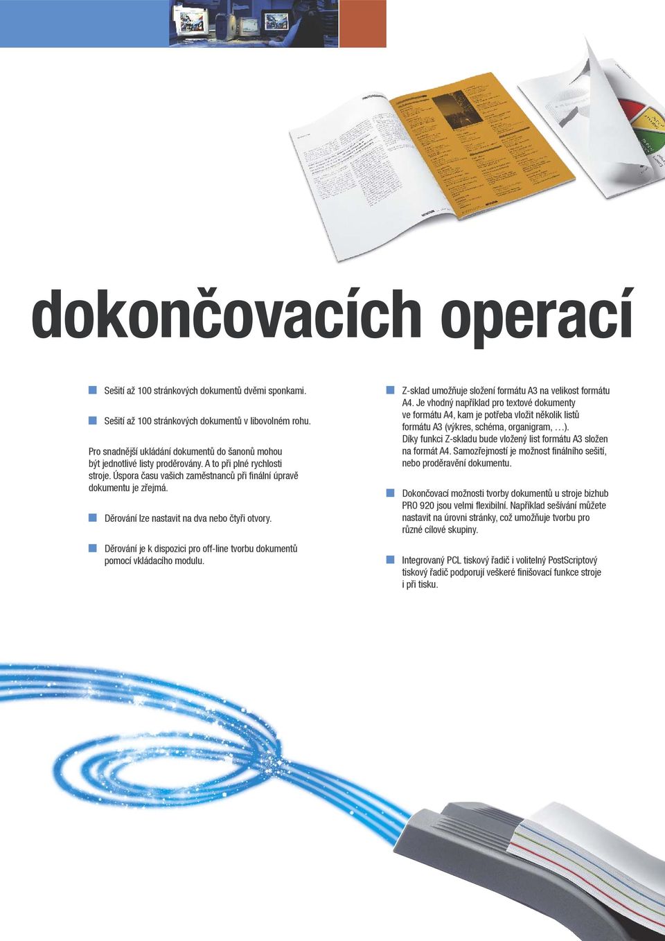 Děrování lze nastavit na dva nebo čtyři otvory. Děrování je k dispozici pro off-line tvorbu dokumentů pomocí vkládacího modulu. Z-sklad umožňuje složení formátu A3 na velikost formátu A4.