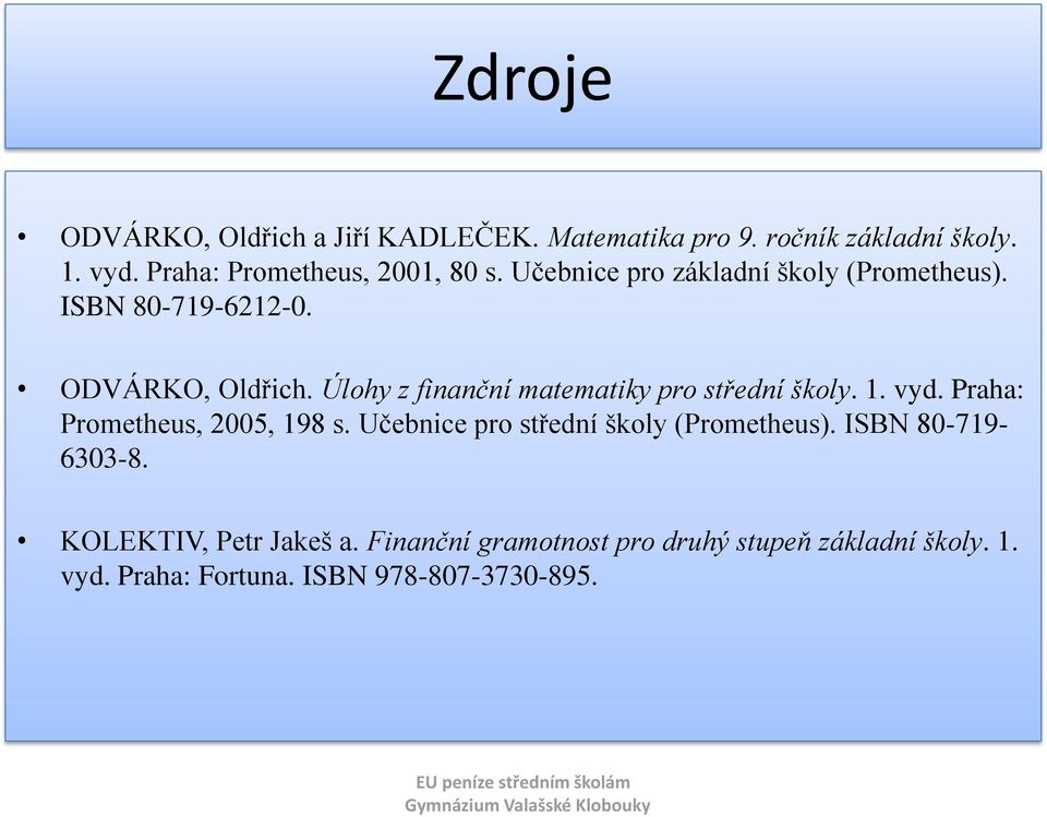 Úlohy z finanční matematiky pro střední školy. 1. vyd. Praha: Prometheus, 2005, 198 s.