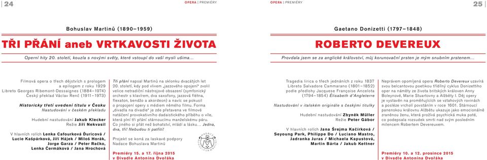 Filmová opera o třech dějstvích s prologem a epilogem z roku 99 Libreto Georges Ribemont-Dessaignes (884 974) Český překlad Václav Renč (9 97) Historicky třetí uvedení titulu v Česku Nastudování v