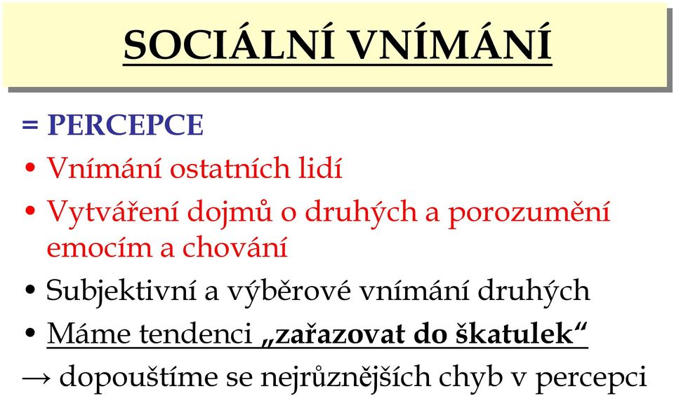 Subjektivní a výběrové vnímání druhých Máme tendenci