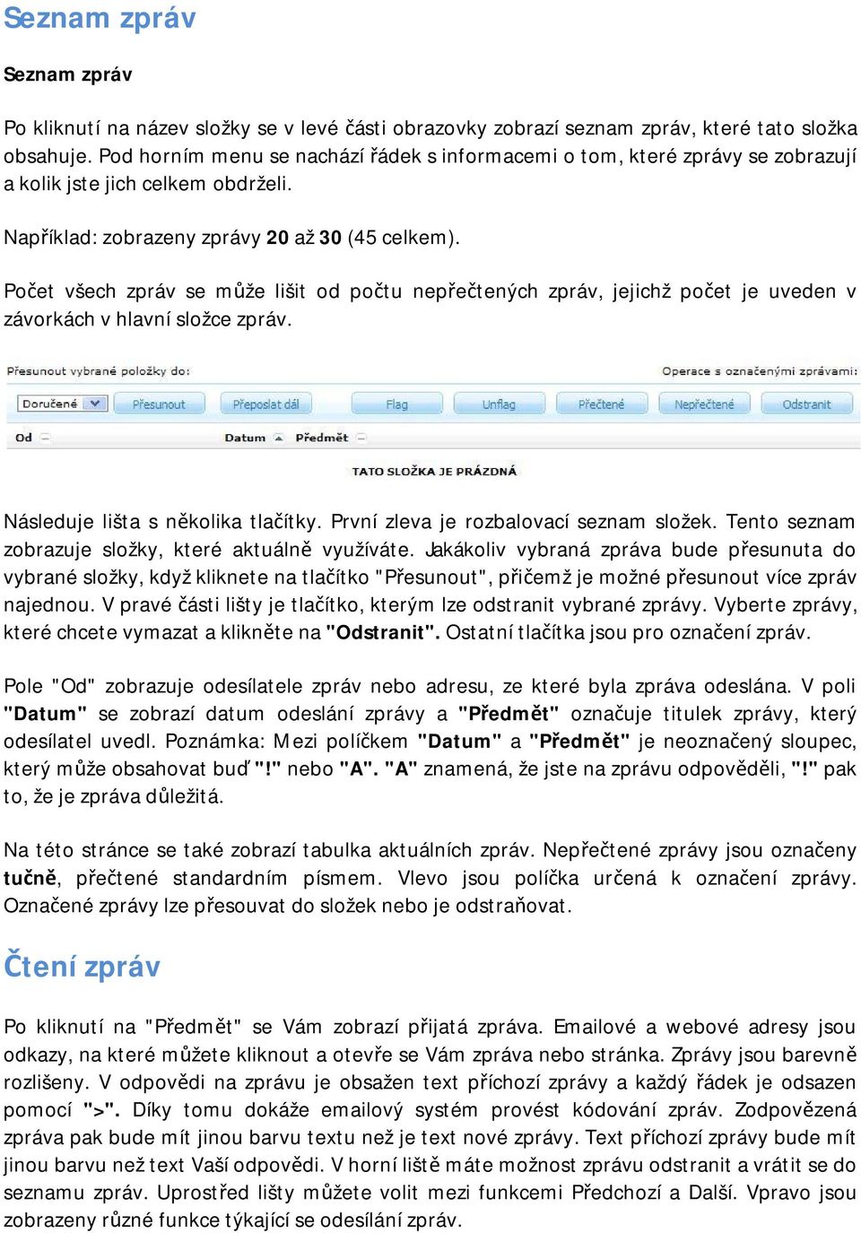 Počet všech zpráv se může lišit od počtu nepřečtených zpráv, jejichž počet je uveden v závorkách v hlavní složce zpráv. Následuje lišta s několika tlačítky. První zleva je rozbalovací seznam složek.