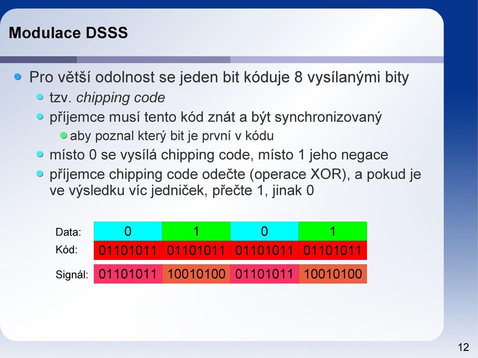 0 se vysílá chipping code, místo 1 jeho negace příjemce chipping code odečte (operace XOR), a pokud je ve