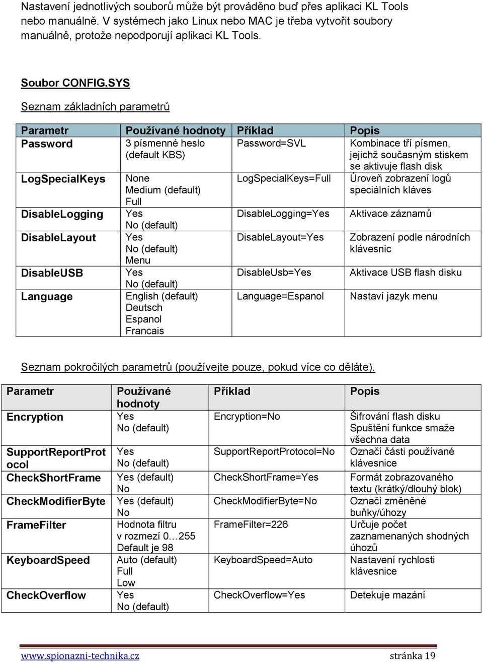 SYS Seznam základních parametrů Parametr Používané hodnoty Příklad Popis Password 3 písmenné heslo (default KBS) Password=SVL Kombinace tří písmen, jejichž současným stiskem LogSpecialKeys