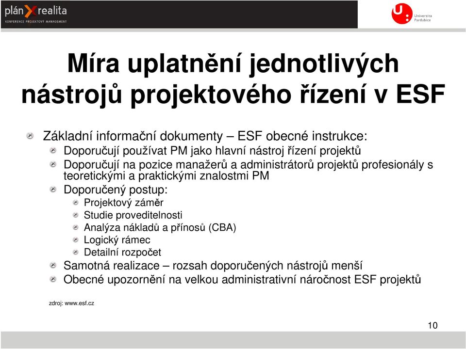 znalostmi PM Doporučený postup: Projektový záměr Studie proveditelnosti Analýza nákladů a přínosů (CBA) Logický rámec Detailní rozpočet