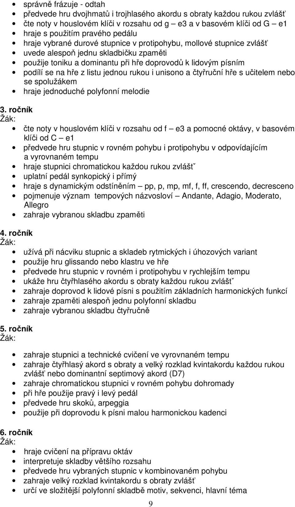 jednou rukou i unisono a čtyřruční hře s učitelem nebo se spolužákem hraje jednoduché polyfonní melodie 3.