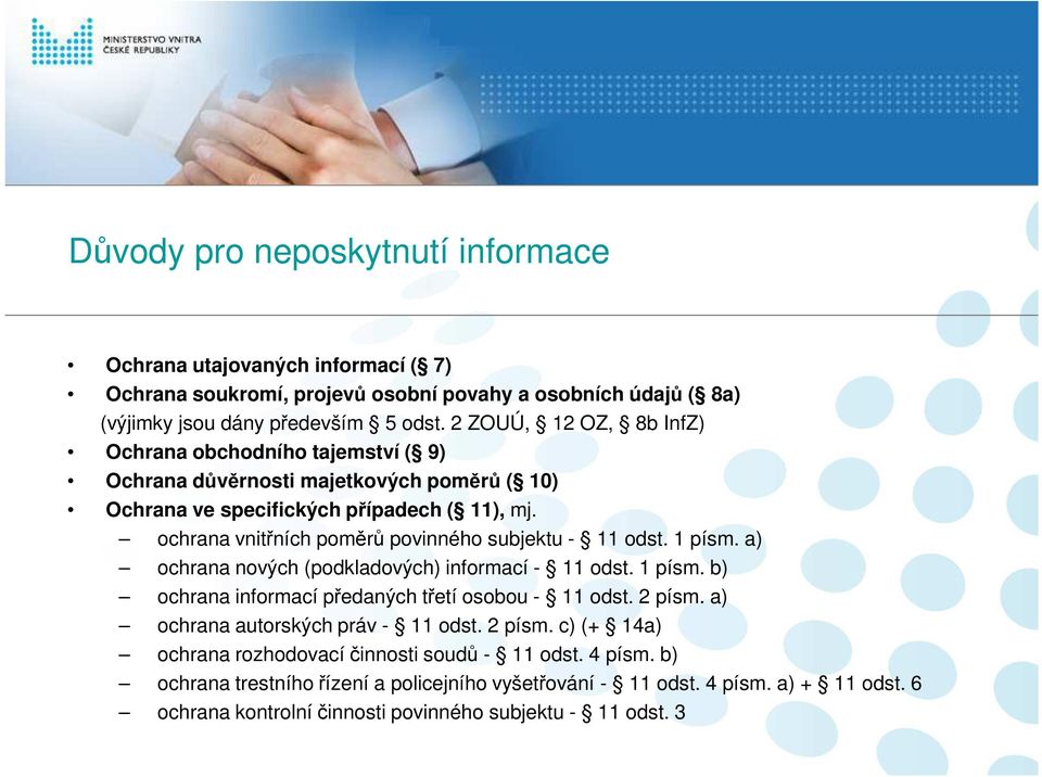ochrana vnitřních poměrů povinného subjektu - 11 odst. 1 písm. a) ochrana nových (podkladových) informací - 11 odst. 1 písm. b) ochrana informací předaných třetí osobou - 11 odst. 2 písm.