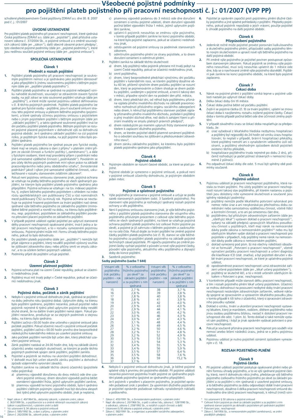 : 01/2007 ÚVODNÍ USTANOVENÍ Pro pojištění plateb pojistného při pracovní neschopnosti, které sjednává Česká pojišťovna ZDRAVÍ a.s. (dále jen pojis titel ), platí příslušná ustanovení zákona č.