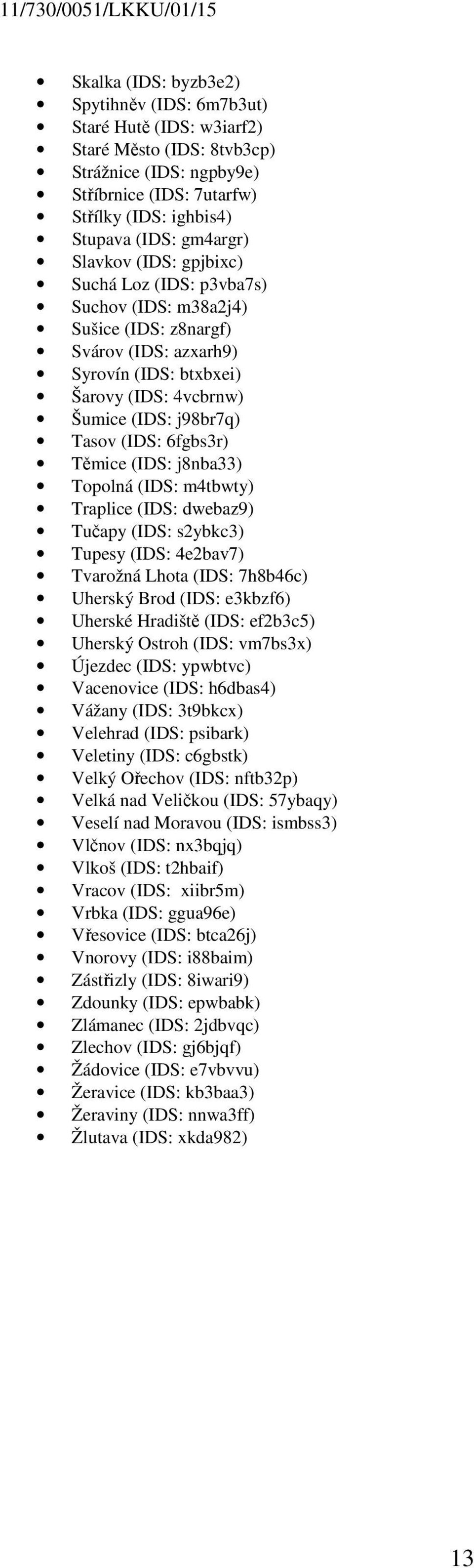 6fgbs3r) Těmice (IDS: j8nba33) Topolná (IDS: m4tbwty) Traplice (IDS: dwebaz9) Tučapy (IDS: s2ybkc3) Tupesy (IDS: 4e2bav7) Tvarožná Lhota (IDS: 7h8b46c) Uherský Brod (IDS: e3kbzf6) Uherské Hradiště
