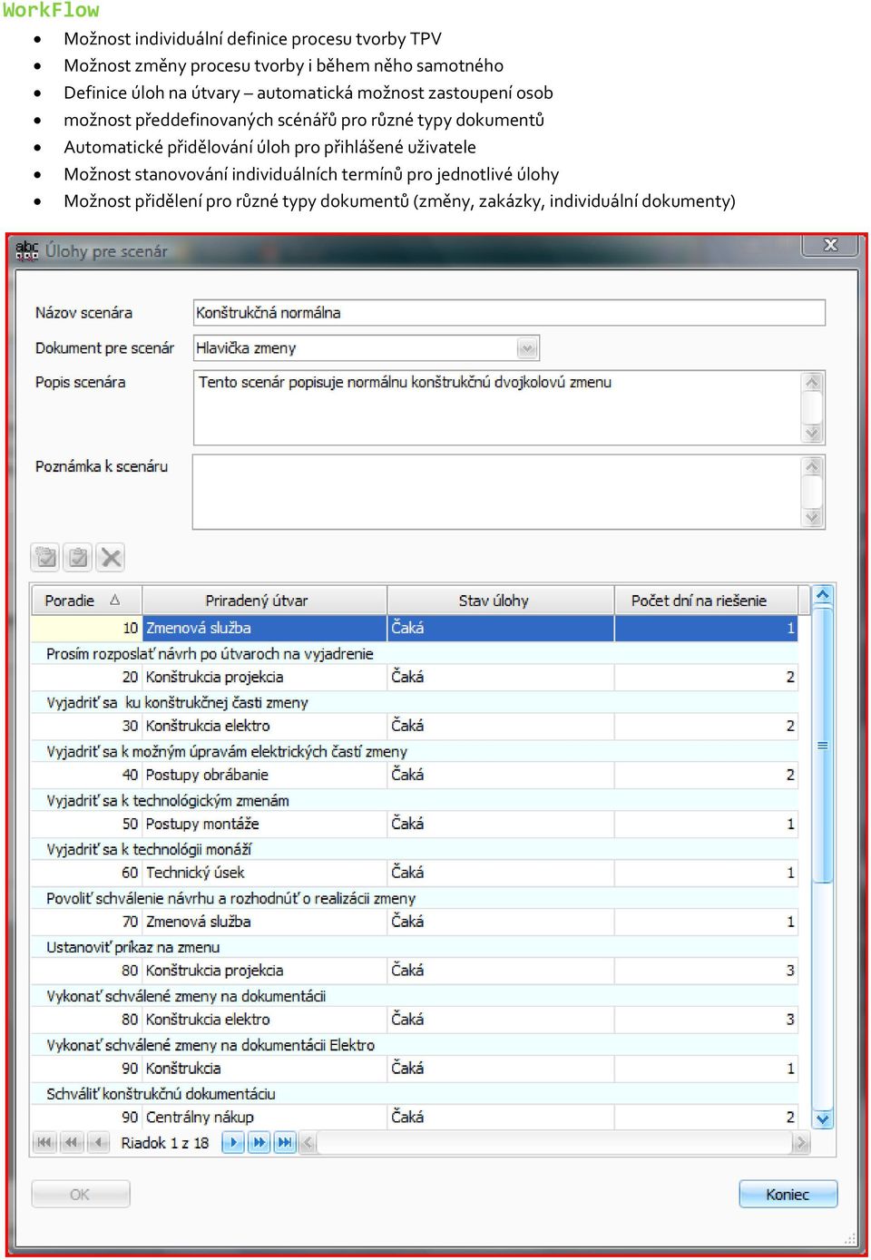 různé typy dokumentů Automatické přidělování úloh pro přihlášené uživatele Možnost stanovování