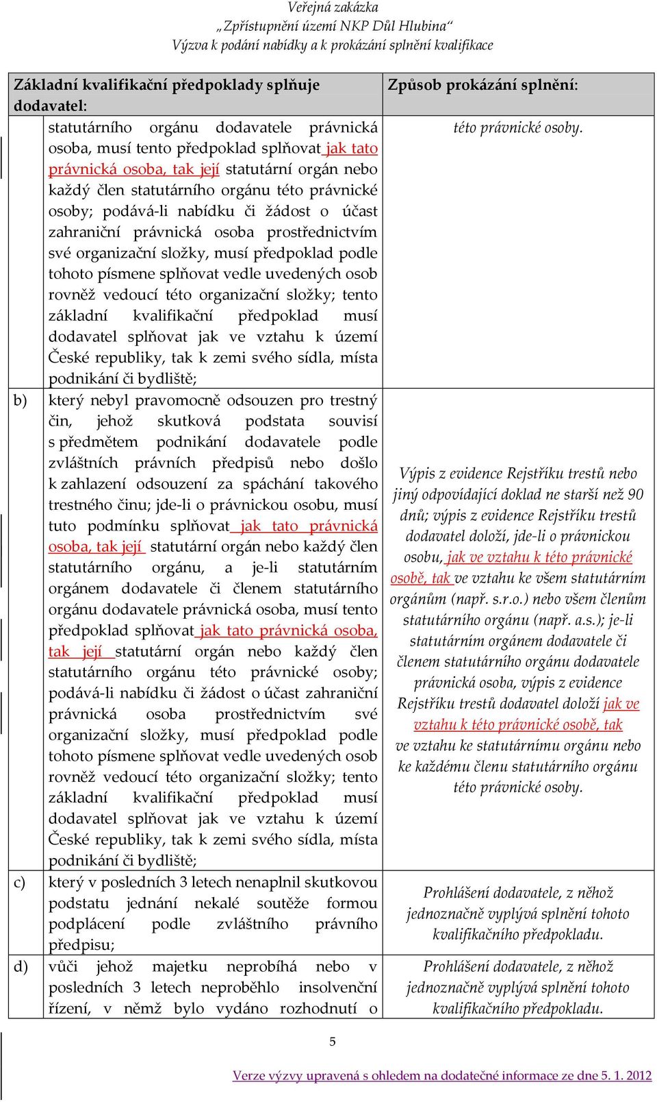 uvedených osob rovněž vedoucí této organizační složky; tento z{kladní kvalifikační předpoklad musí dodavatel splňovat jak ve vztahu k území České republiky, tak k zemi svého sídla, místa podnik{ní či