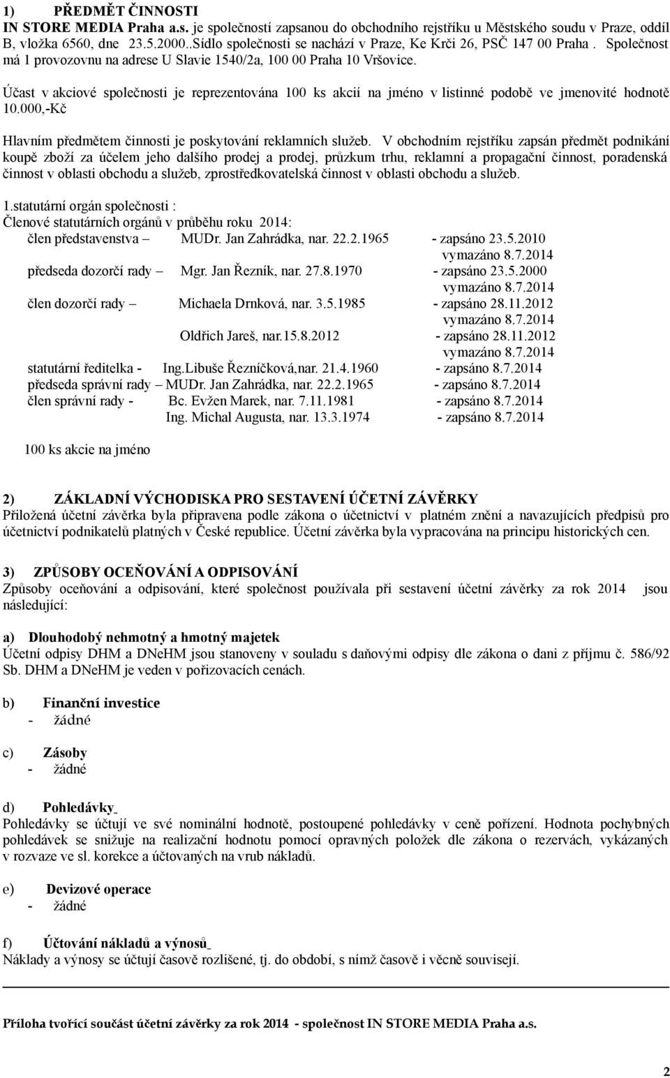 Účast v akciové společnosti je reprezentována 100 ks akcií na jméno v listinné podobě ve jmenovité hodnotě 10.000,-Kč Hlavním předmětem činnosti je poskytování reklamních služeb.