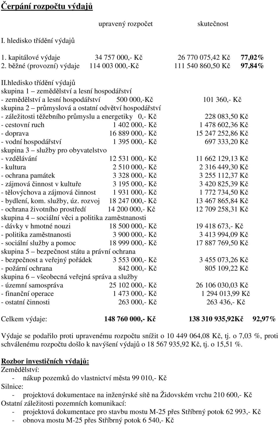 hledisko třídění výdajů skupina 1 zemědělství a lesní hospodářství - zemědělství a lesní hospodářství 500 000,-Kč 101 360,- Kč skupina 2 průmyslová a ostatní odvětví hospodářství - záležitosti