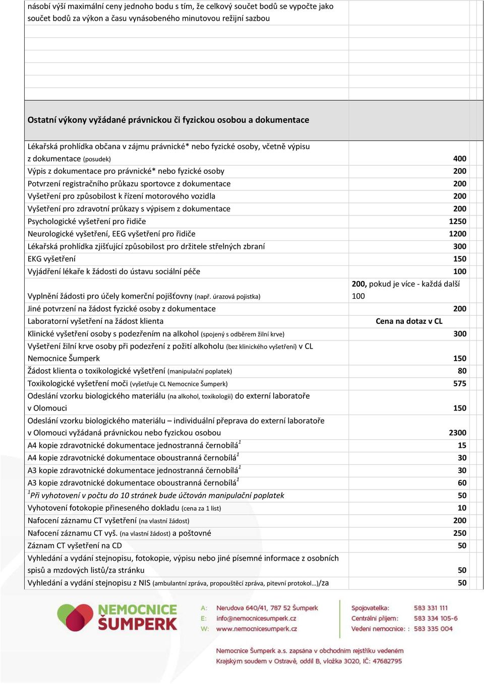 registračního průkazu sportovce z dokumentace 200 Vyšetření pro způsobilost k řízení motorového vozidla 200 Vyšetření pro zdravotní průkazy s výpisem z dokumentace 200 Psychologické vyšetření pro