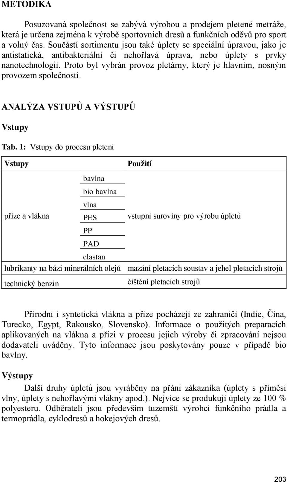 Proto byl vybrán provoz pletárny, který je hlavním, nosným provozem společnosti. ANALÝZA VSTUPŮ A VÝSTUPŮ Vstupy Tab.