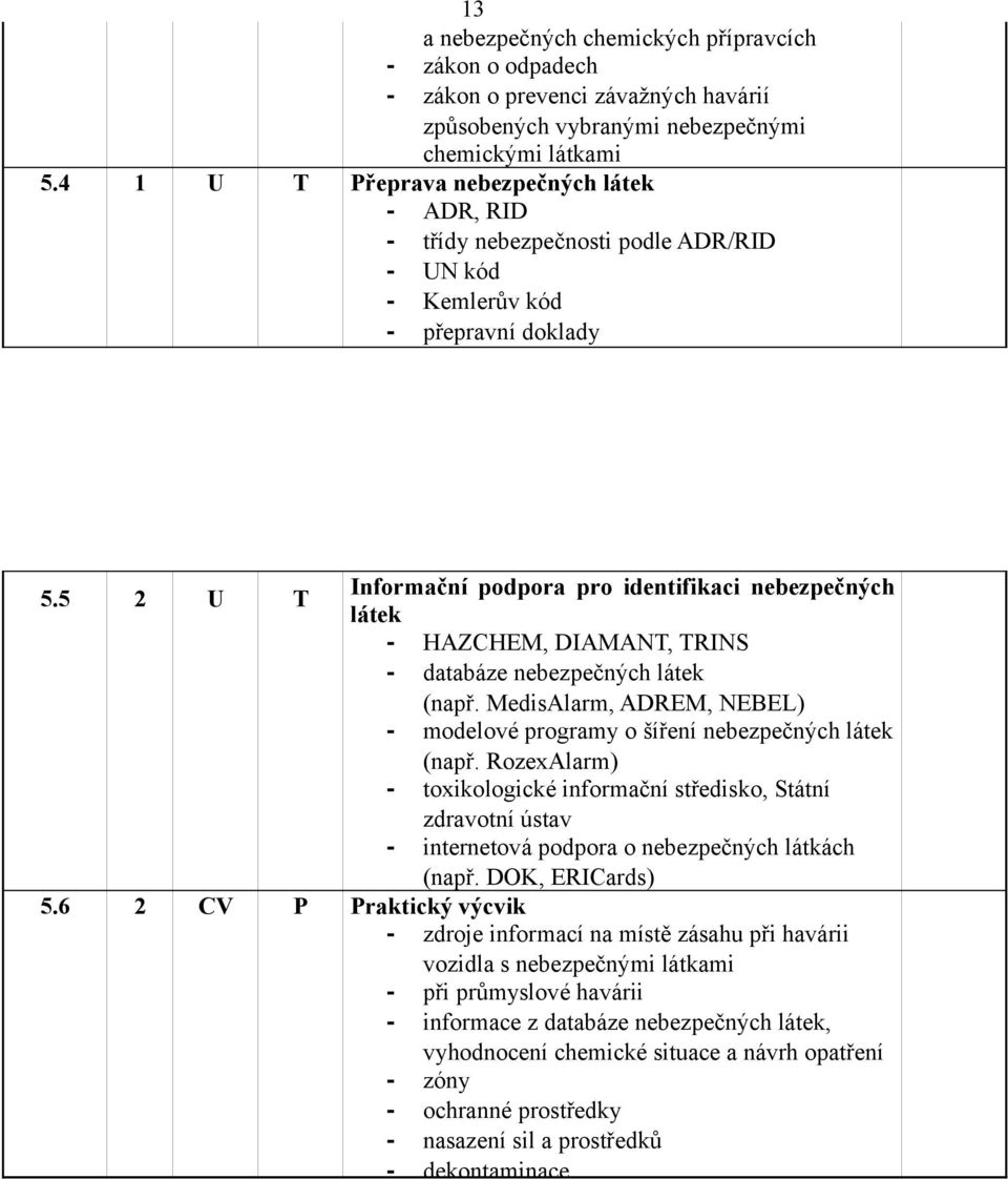 5 2 U T Informační podpora pro identifikaci nebezpečných látek - HAZCHEM, DIAMANT, TRINS - databáze nebezpečných látek (např.